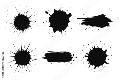 Black ink splatter set. Grunge paint blots and brush strokes. Abstract dirty splash shapes for creative design. Artistic texture background element. Vector silhouette illustration.