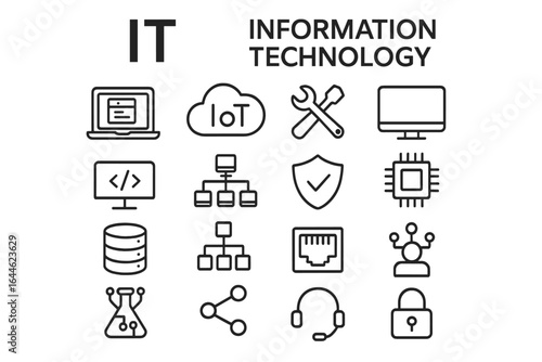 Information Technology line icon set. IT outline icons for web and mobile. Vector symbols of cloud computing, IoT, coding, network, database, and cybersecurity services.