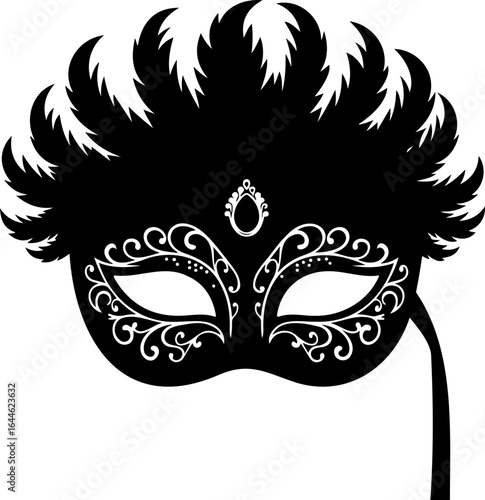 Illustration of a black masquerade mask with white decorative swirls and a feathered top design element
