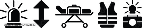 Emergency rescue and medical equipment icons in silhouette style