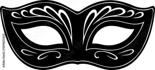 Illustration of a black masquerade mask with decorative swirls and eye openings on a white background