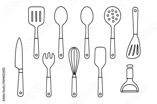 Kitchen utensils set line art vector. Cooking tools collection outline icon. Simple black and white illustration of cookware, spatula, spoon, whisk, knife for culinary design.
