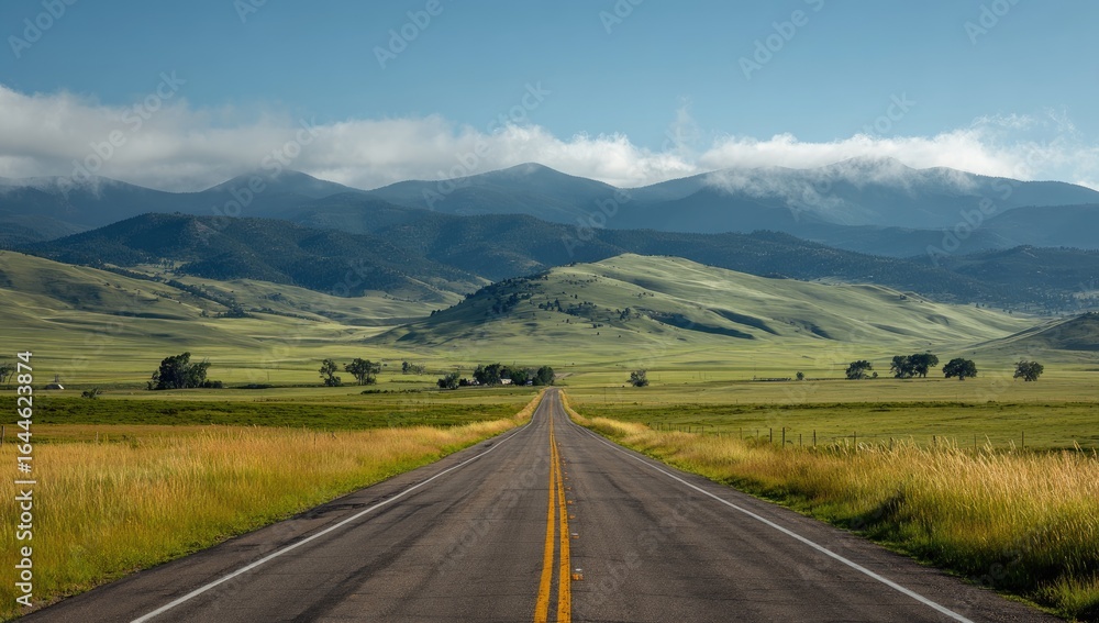 Naklejka premium A long, straight asphalt road vanishes into a valley nestled between majestic, hazy mountains under a clear blue sky