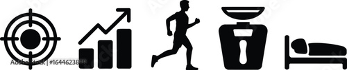 Collection of fitness health diet and lifestyle icons in a distinctive silhouette style