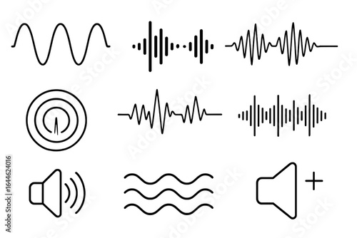 Wave and Sound Waves Vector Set, Audio Technology Illustration, Soundwave Icons, Voice Waves, Audio Signal Symbols, Music Vibration Graphics on Transparent Background
