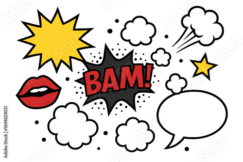 Comic book elements collection. Pop art vector illustration with speech bubble, explosion bam, lips, and star. Retro cartoon sound effects for graphic design projects.