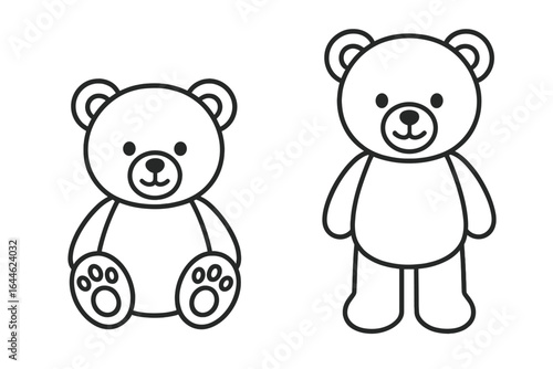 Cute teddy bear outline set for coloring book page. Simple sitting and standing toy bear line art. Minimalist vector illustration for kids crafts and educational projects.