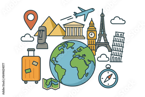 World travel and tourism concept with famous global landmarks. Vector icon set with globe, airplane, Eiffel Tower, Big Ben, Pyramids, Moai for vacation infographics.