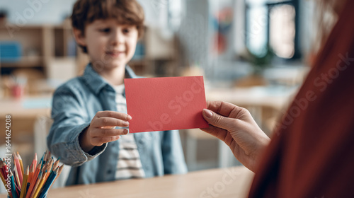 A child presenting a handmade card to their teacher on the last day of school, gratitude, appreciation, school memories, heartfelt moment, education, celebration, student-teacher bond
