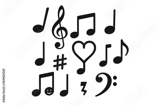 Creative Musical Notes and Symbols Vector Illustration with Heart and Smiley Shapes, Isolated on White Background, Music Icons, Audio Design Elements, Harmony and Melody