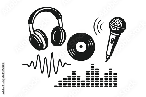 Music production icon set for podcasting and sound engineering. Audio equipment vector graphics with headphones, microphone, vinyl record, soundwave, and equalizer display.