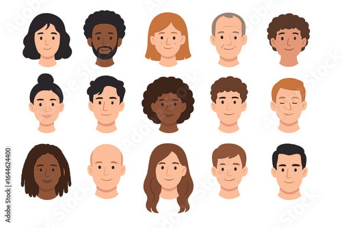 Set of diverse people faces. Collection of multicultural male and female portraits. Vector cartoon characters for avatars or profiles. Different ages, hairstyles, and ethnicities.
