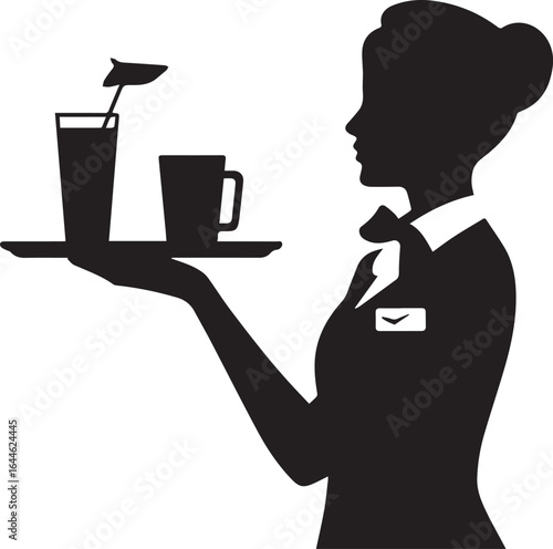 Silhouette of waitress holding tray with drinks isolated on white background