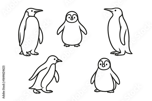 Penguin line art vector illustration set. Cute penguins outline doodle for winter designs, animal themes. Hand drawn simple icon collection of arctic wildlife birds family.