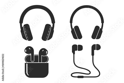 Headphones and earbuds vector icon set. Wireless and wired audio equipment for music listening. Headset and earphone black silhouette collection. Isolated sound devices.