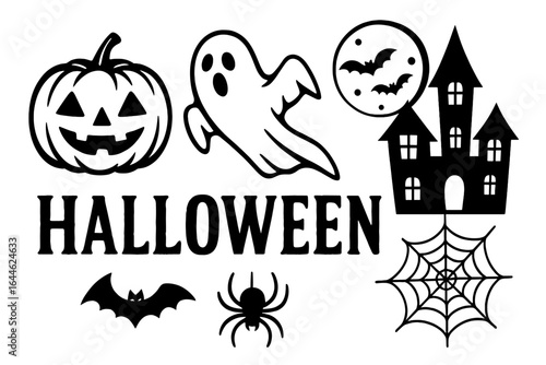 Halloween vector elements collection. Spooky icon set with jack o lantern pumpkin, ghost, haunted house, bat, spider, spiderweb silhouette. Scary holiday party clipart.