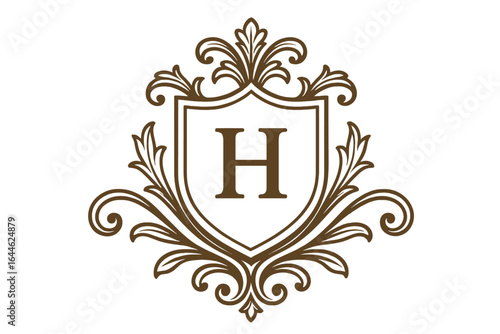 Elegant floral monogram with the letter H. Luxury logo concept with initial. Classic vintage heraldic shield emblem for branding, hotel or wedding. Baroque ornamental crest.