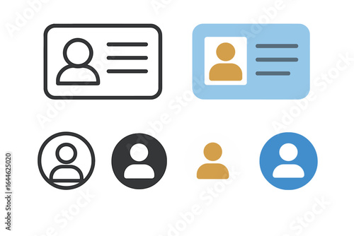 ID card vector set. User profile icons. Avatar symbols in line and flat styles. Personal identification badge. Account login pictogram. Contact and member sign collection.