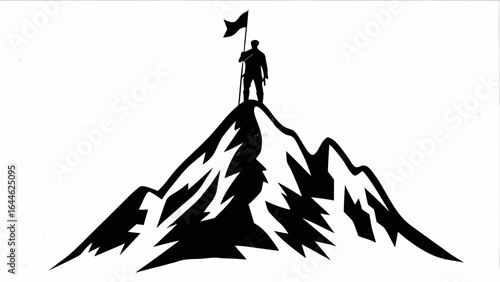 Silhouette of a person standing on a mountain peak holding a flag against a white background design