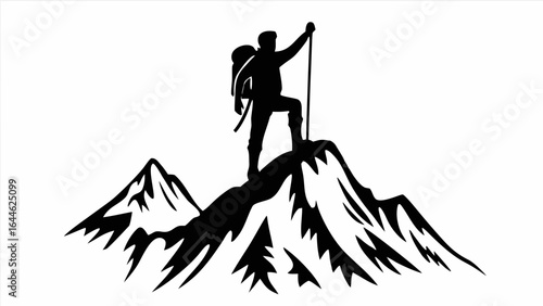 Silhouette of a hiker with backpack and trekking pole standing on a mountain peak with trees below