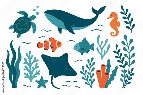 Sea animals vector illustration set. Underwater marine life collection with whale, turtle, clownfish, stingray, seahorse, starfish, coral, and seaweed. Cute ocean cartoon.