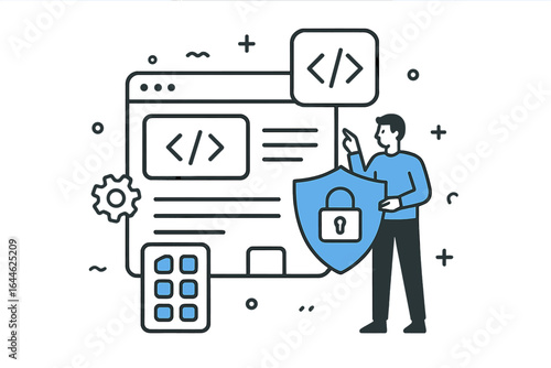 Web development and cybersecurity concept. Man with shield protecting website. App development, data privacy, and programming security vector illustration for software design.