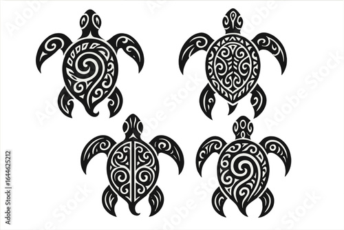 Set of four tribal turtle tattoos. Polynesian Maori style sea reptile spiritual symbol. Intricate black ink vector illustration isolated on white background for easy editing.