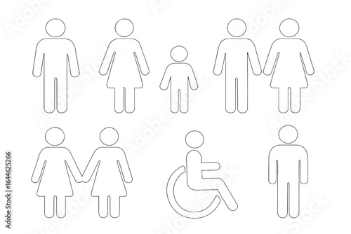 People pictogram icon set. Vector symbols of man, woman, child, family, gay and lesbian couple, and disabled person in wheelchair. Sign for diversity, gender & accessibility.