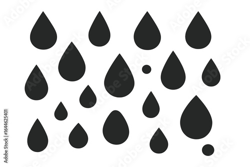 Black liquid drop vector set. Minimalist abstract icon collection of various shapes and sizes. Simple water, rain or oil droplet silhouettes for logo or pattern.