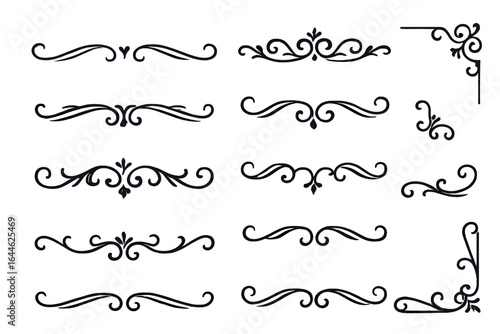 Classic vector set of calligraphic decorative borders, dividers, and corner flourishes. Ornamental filigree elements for elegant wedding invitations, certificates, and menus.