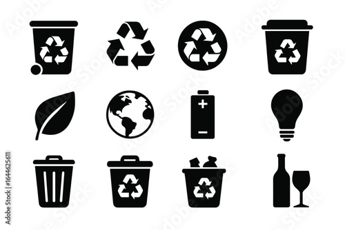 Recycling vector icons set for waste sorting. Eco-friendly sustainability concept. Trash bin, battery, glass, lightbulb, earth planet. Ecology & environment glyph symbols.