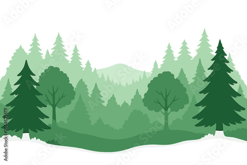Forest landscape background with green tree silhouettes. Panoramic vector illustration of woods, pines, and hills. Natural scenery for ecology and environment concepts.