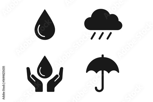 Water drop icon set. Rain cloud and umbrella symbol. Hands holding water concept for conservation, sustainability. Weather and climate vector illustration. Oil drop logo.
