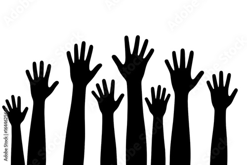 Silhouette of Diverse Hands Reaching Up Together, Vector Illustration of Raised Arms in Unity and Support on Transparent Background