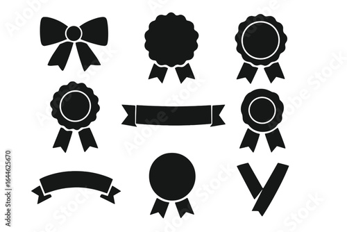 Ribbon badge vector set. Bow and award icon silhouette collection. Medal and rosette for winner certificate. Quality seal and guarantee label design for promotion.