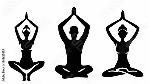 Silhouette illustration of three figures in yoga poses with hands raised above their heads in a meditation state