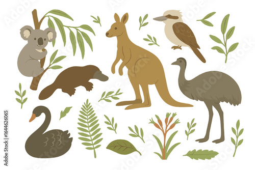 Australian animals vector illustration set. Cute cartoon wildlife collection from Australia. Kangaroo, koala, emu, platypus, swan, kookaburra. Nature design elements.