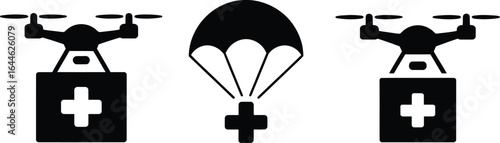 Medical supplies delivered by drone in a silhouette style
