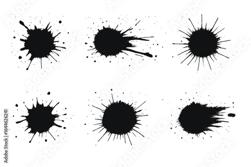 Ink splatter vector set. Abstract grunge paint splash collection. Messy artistic black inkblot and drops illustration. Dirty spray stain shapes isolated on white background.