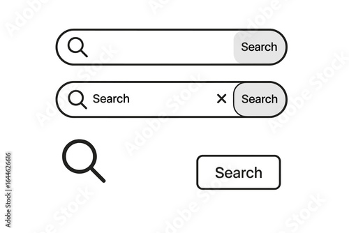 Search bar vector UI element set. Modern user interface design for website and mobile app. Search box, button and magnifying glass icon. Web form on transparent background.
