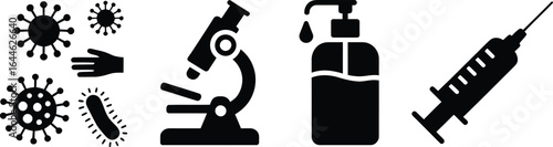 Pandemic virus prevention and scientific research illustration with medical symbols and abstract shapes silhouette