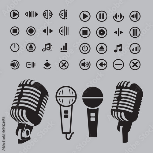 Vintage microphones and audio player icons vector