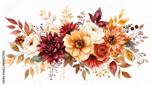 Trendy watercolor autumn flowers wedding bouquet. Beautiful fall floral background. Warm beige, orange, red, burgundy, gold, brown, rust. AI illustration.