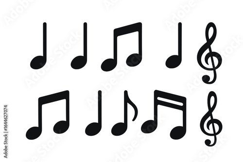 Vector of musical notes and treble clefs, black icons isolated on white background, ideal for music sheets, compositions, symphony, melody representation, vector illustration, transparent background