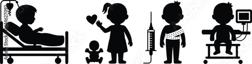 Collection of pediatric hospital patient and children care icons in silhouette style