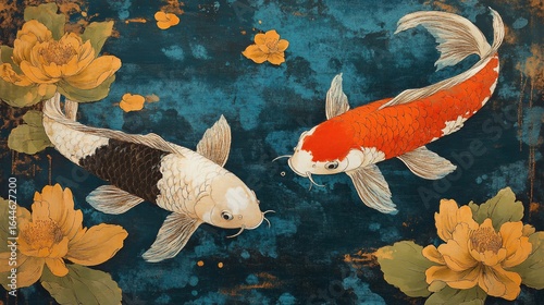 Serene pond featuring koi fish and lotus blossoms in traditional style art