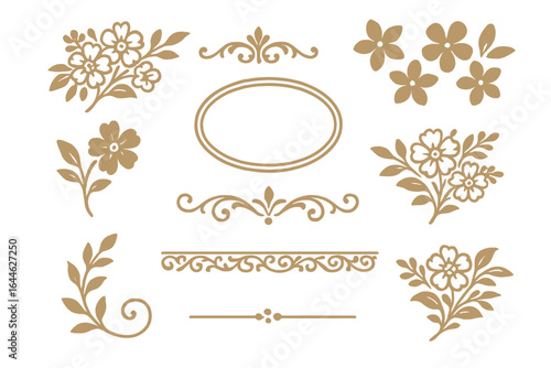 Elegant floral vector set with vintage flowers, leaves, and decorative ornaments. Golden filigree borders, dividers, and oval frame for wedding invitation or scrapbooking.