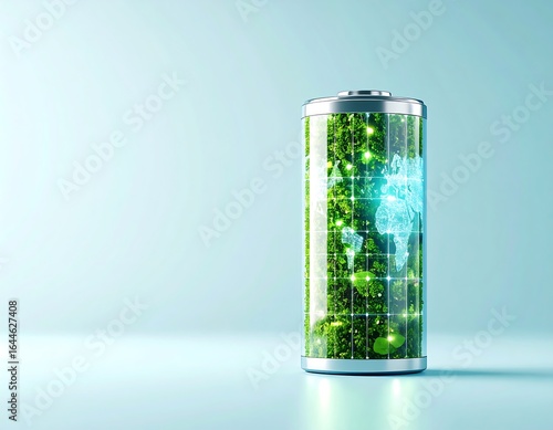 Green battery with world map, glowing solar panels