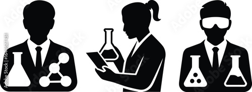 Scientists performing chemical laboratory experiments silhouette