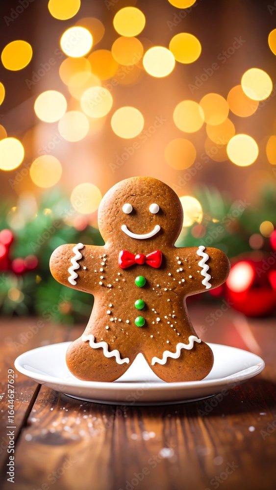 Festive gingerbread man on plate, bokeh background Festive gingerbread man on plate, bokeh background